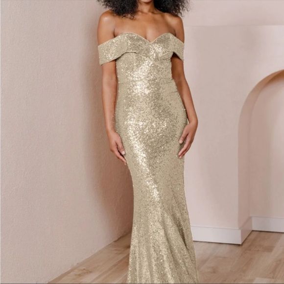 Revelry Dresses & Skirts - Revelry Bardot Gold Sequin Dress Sz 2